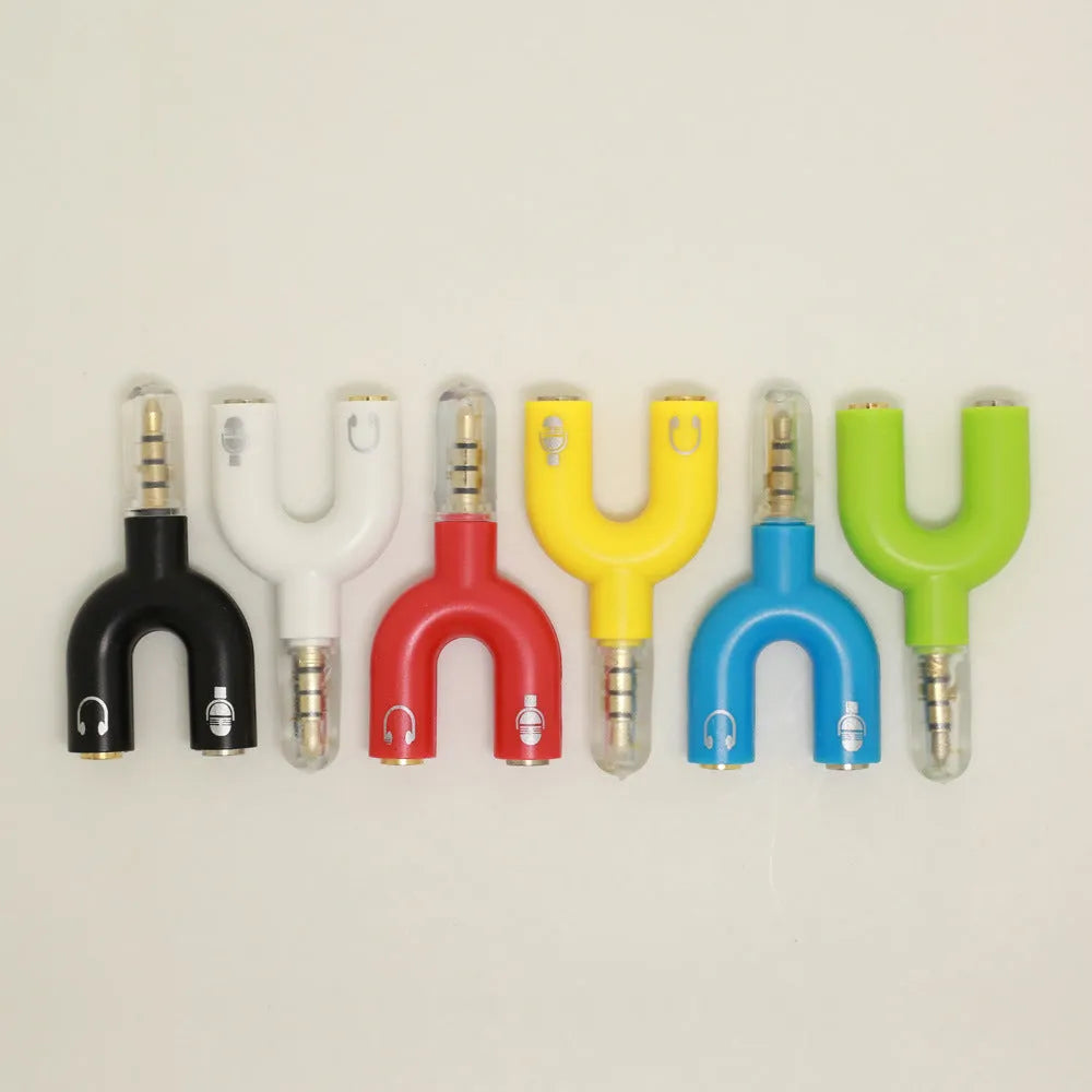 3.5mm audio splitter adapter in multiple colours with gold plated connections for mobile phones and laptops