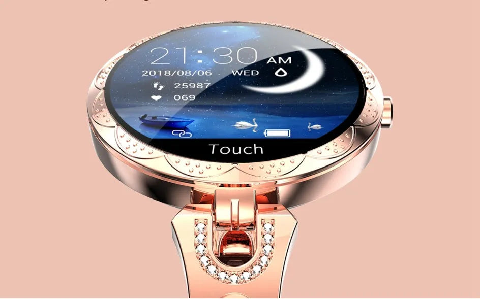 Women's IP67 waterproof smart watch, 38mm round dial, stainless steel strap, Rose Gold Silvery Violet colour options