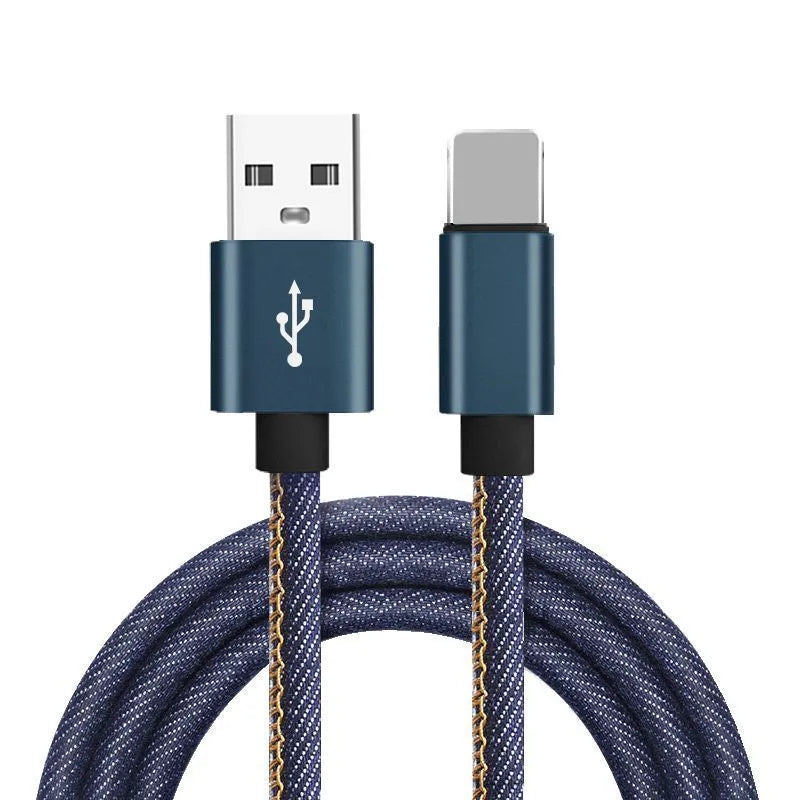 Cowboy-style denim USB-C charging cable with aluminium connectors in black, blue, or red.