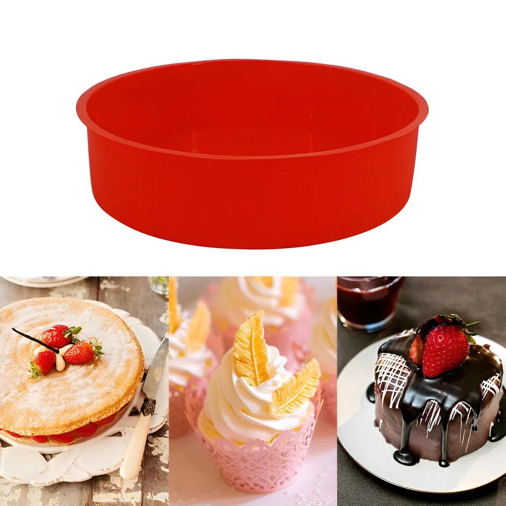 Set of three round red silicone cake moulds in 4-inch, 6-inch, and 8-inch sizes on a baking tray.