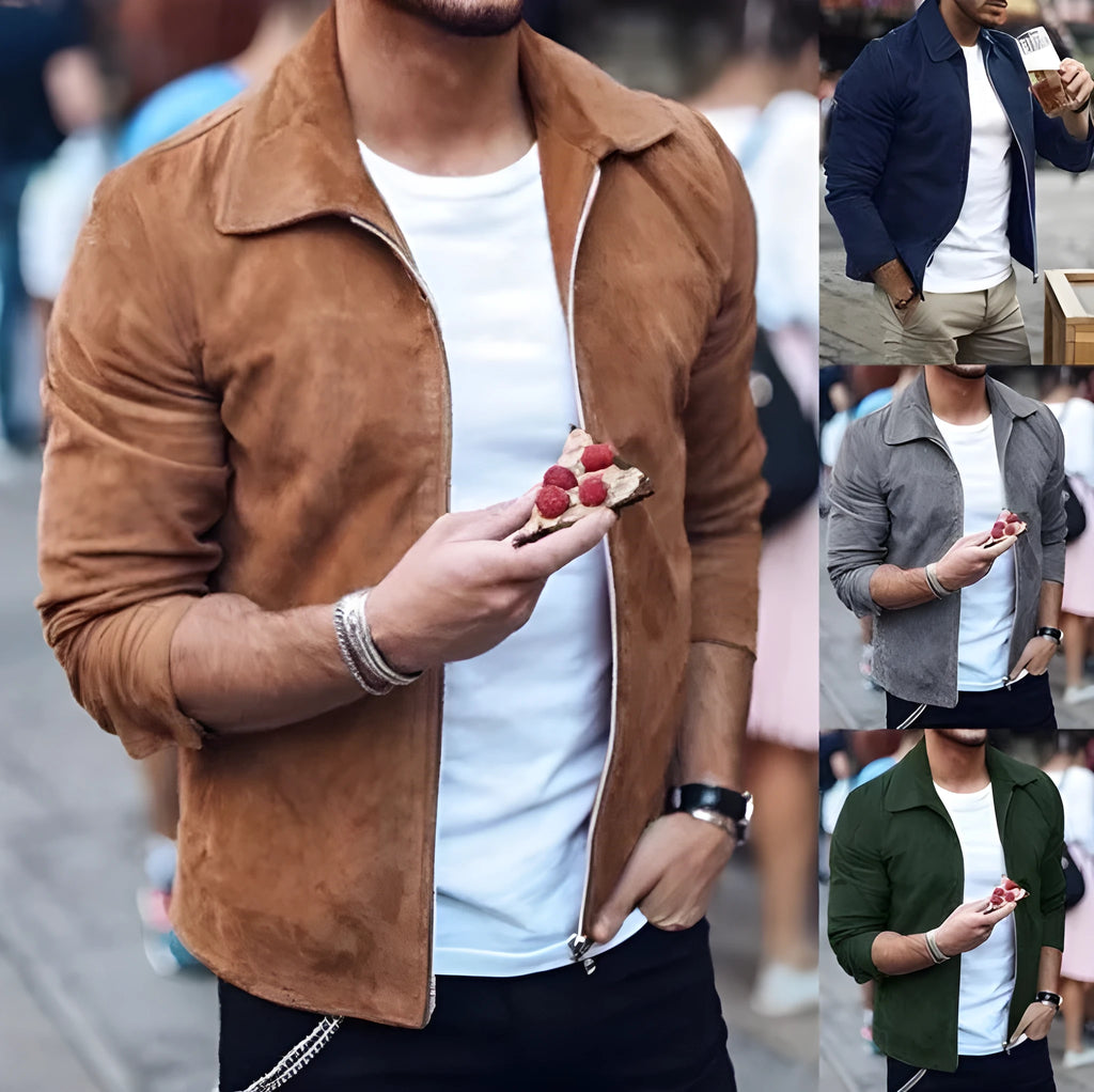 Men's slim turn-down collar jacket in khaki with zip front and long sleeves