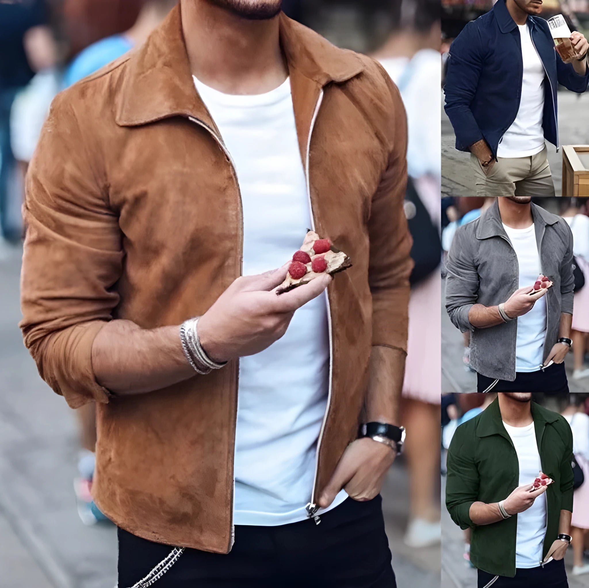 Men's slim turn-down collar jacket in khaki with zip front and long sleeves