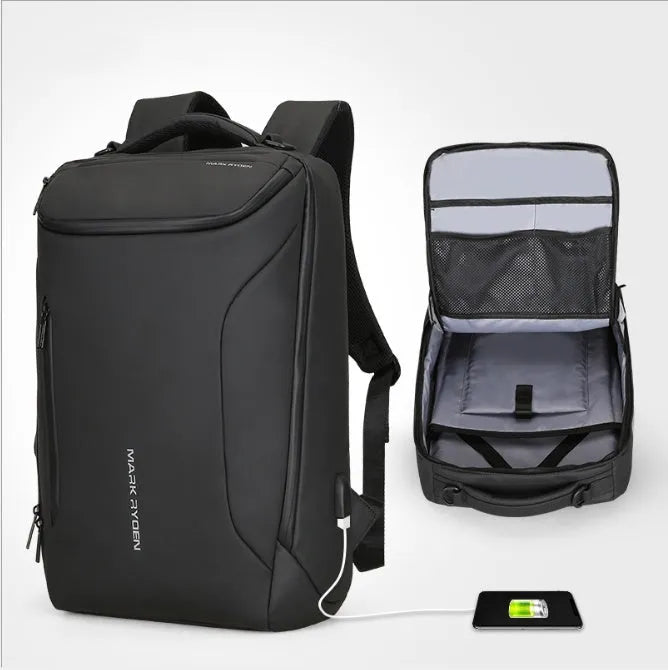 Oxford cloth black backpack with 108° opening and USB charging port, 20-35L capacity