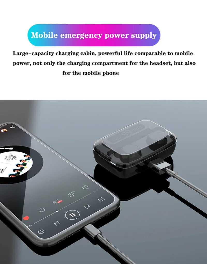 Black M11 style wireless Bluetooth headset with IPX7 waterproof rating and charging case featuring a phone holder.