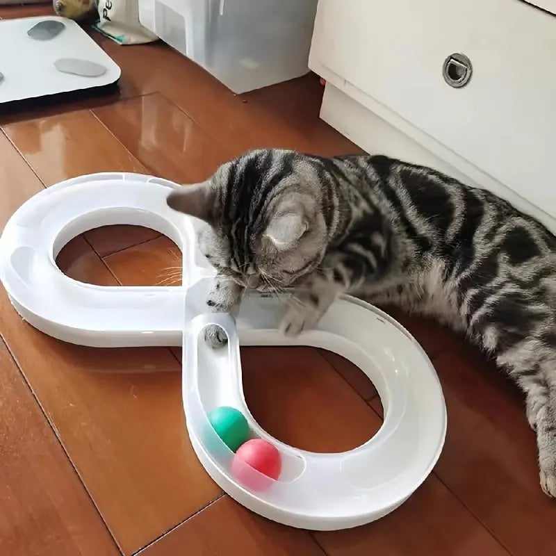 Cat toys collection showing self-hi turntable track ball and teasing cat stick for feline entertainment