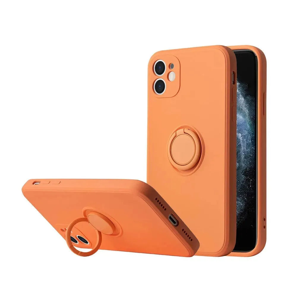 Black silicone iPhone case with a built-in metallic ring bracket on the back, shown fitted to an iPhone 12.