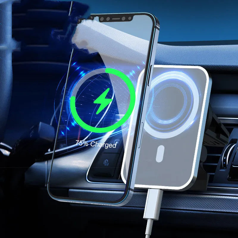 Black magnetic car wireless charger with air vent mount, N52 magnet, Type-C port, 15W output, aluminium alloy and ABS body