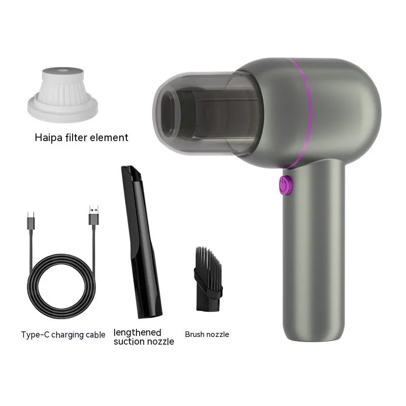 Grey handheld cordless car vacuum cleaner and inflator with brush nozzle and extended nozzle.
