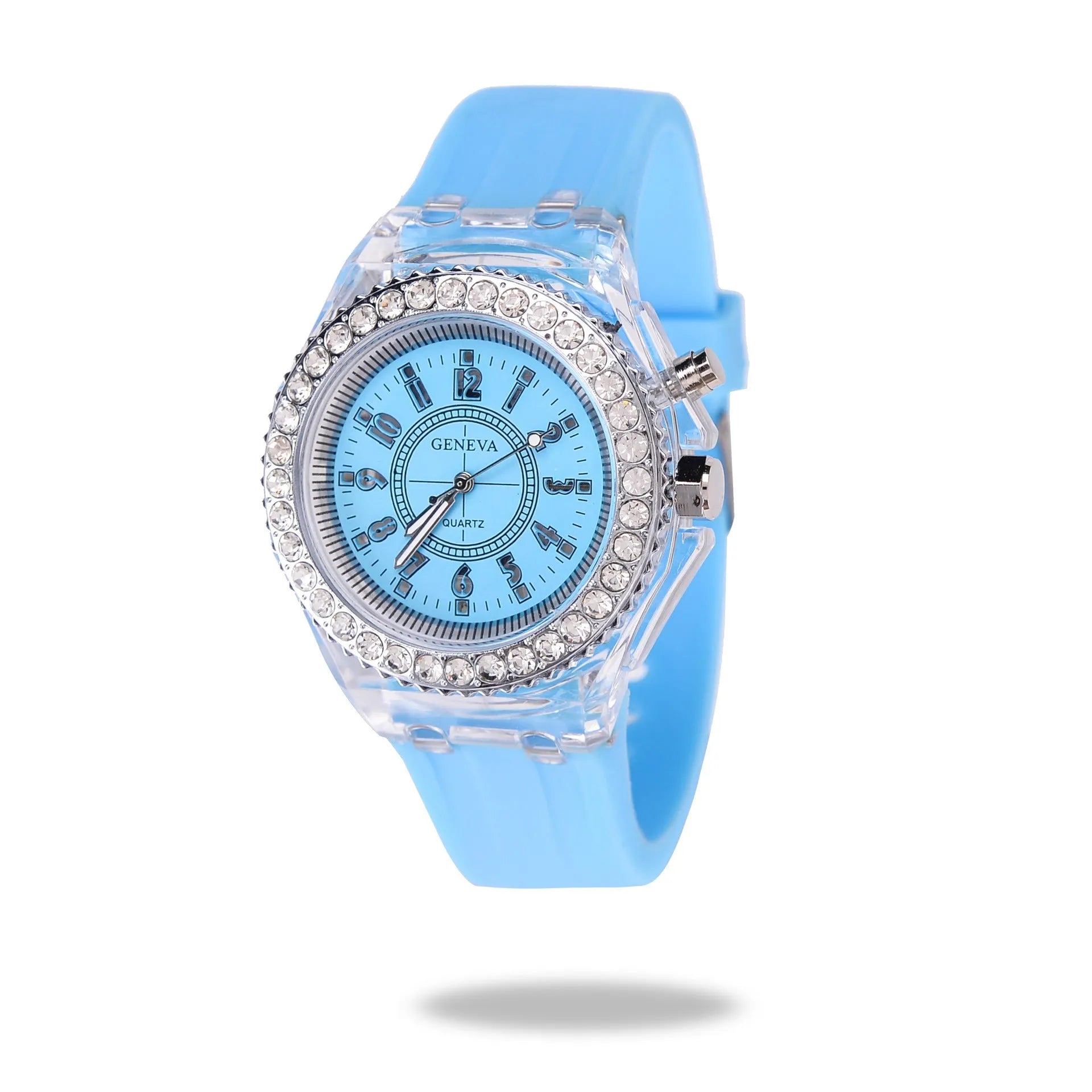 Geneva women's LED luminous quartz watch with silicone strap and round 43mm dial