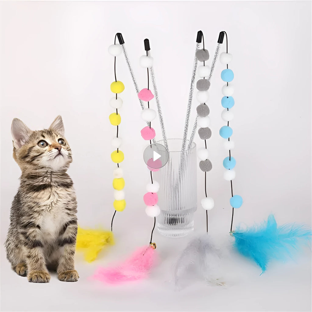 31cm cat teaser interactive toy rod with bell and colourful feather pompon attachments