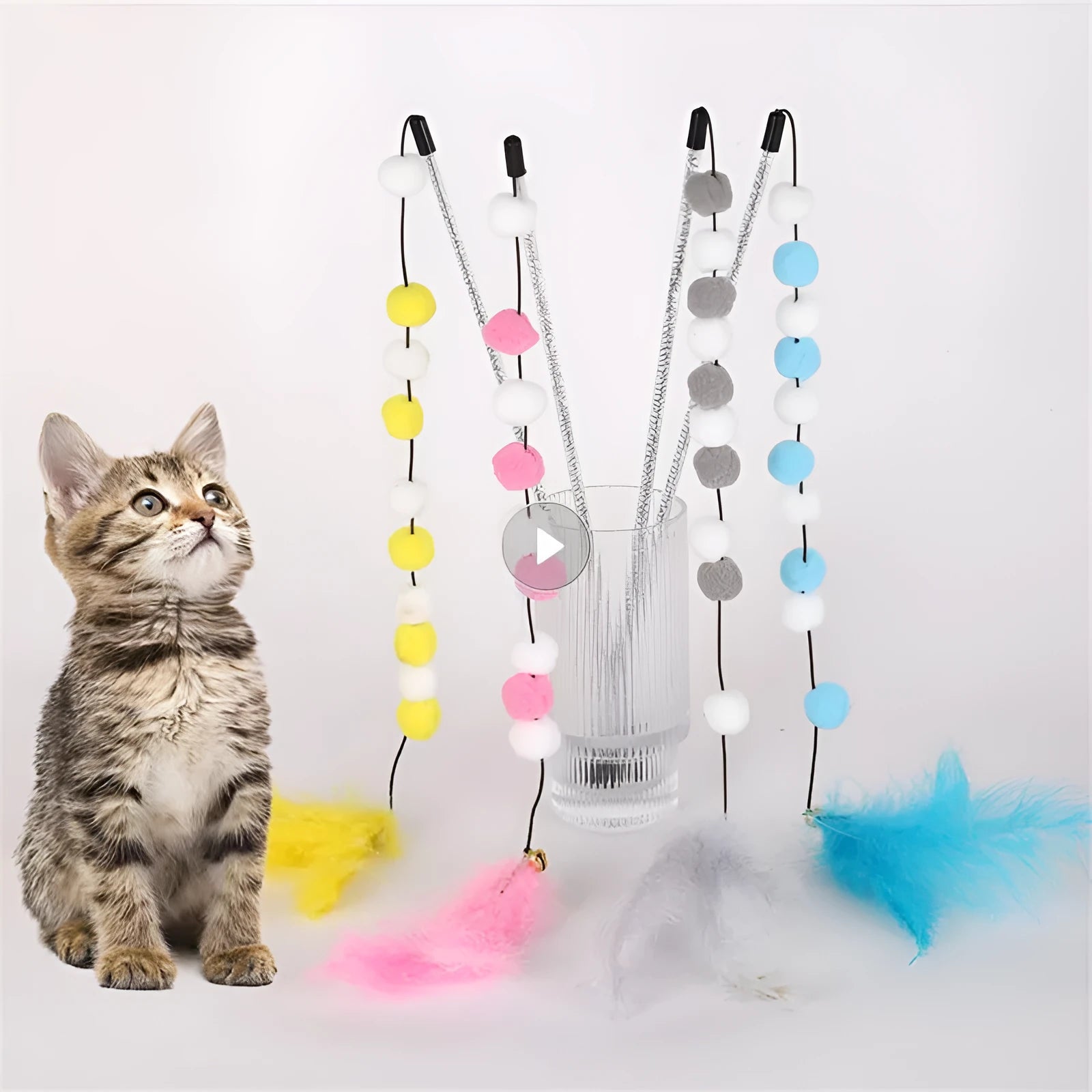31cm cat teaser interactive toy rod with bell and colourful feather pompon attachments