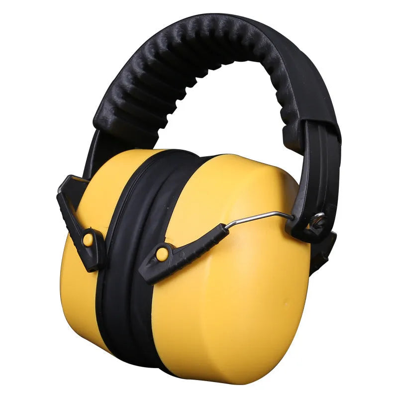 Orange head-mounted noise-cancelling headphones and protective earmuffs with an adjustable elastic headband.