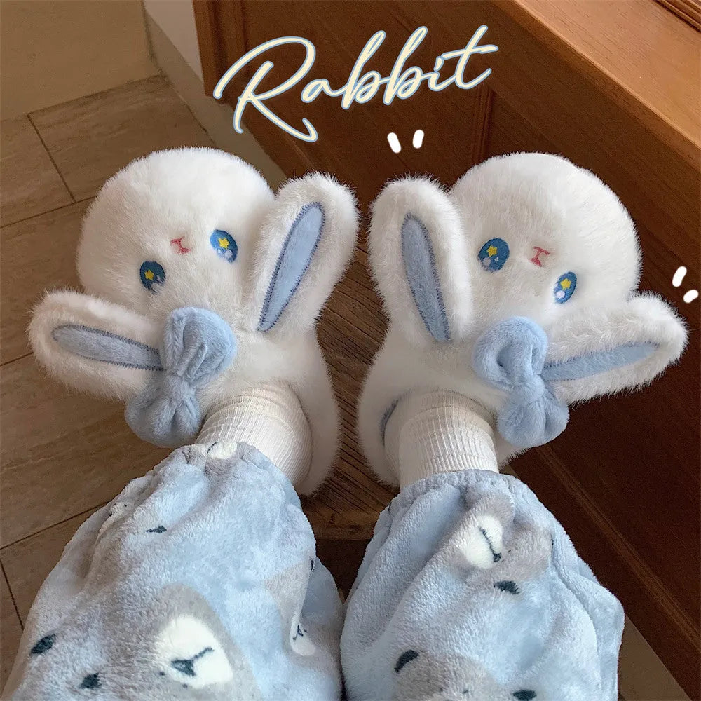 White autumn winter indoor slippers with soft EVA sole and platform heel, cartoon pattern, artificial wool lining.