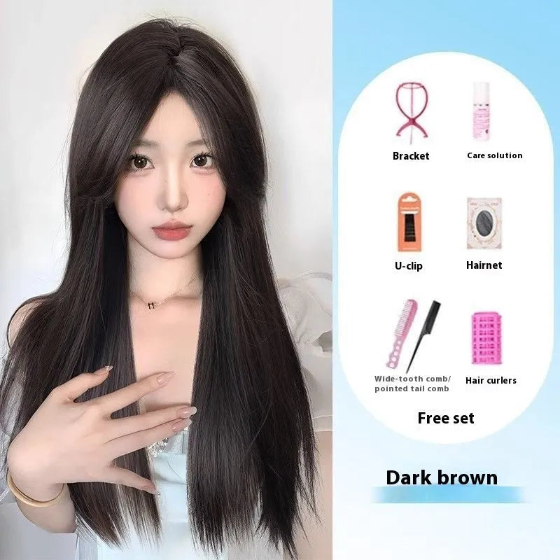 Black long straight full-head synthetic wig with lace front and side bangs.