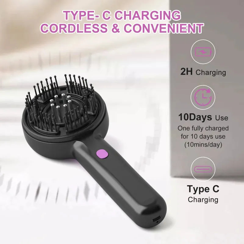 Black USB-powered head massage comb with vibration settings on a grey background.