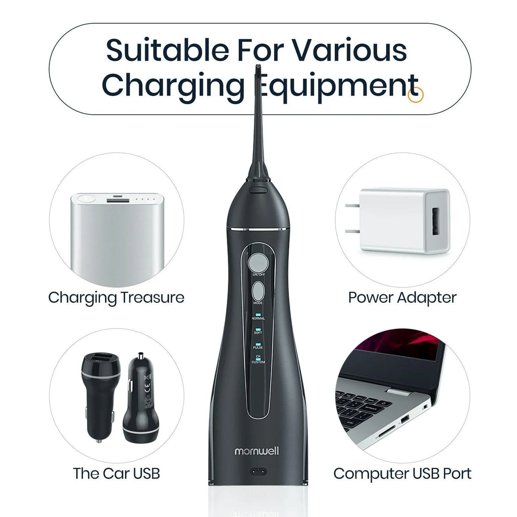 Black portable oral irrigator with water tank and nozzle for dental cleaning
