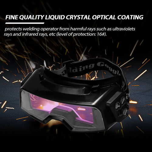 Black automatic darkening welding mask with large viewing lens and headstrap.