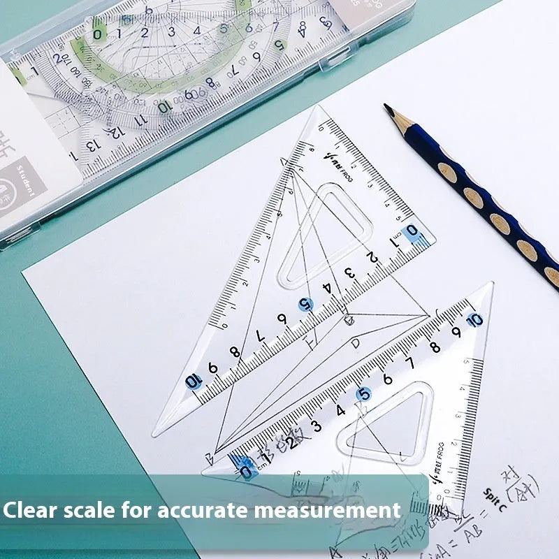 Youpai transparent acrylic drawing ruler set with square and protractor on a design sketch.