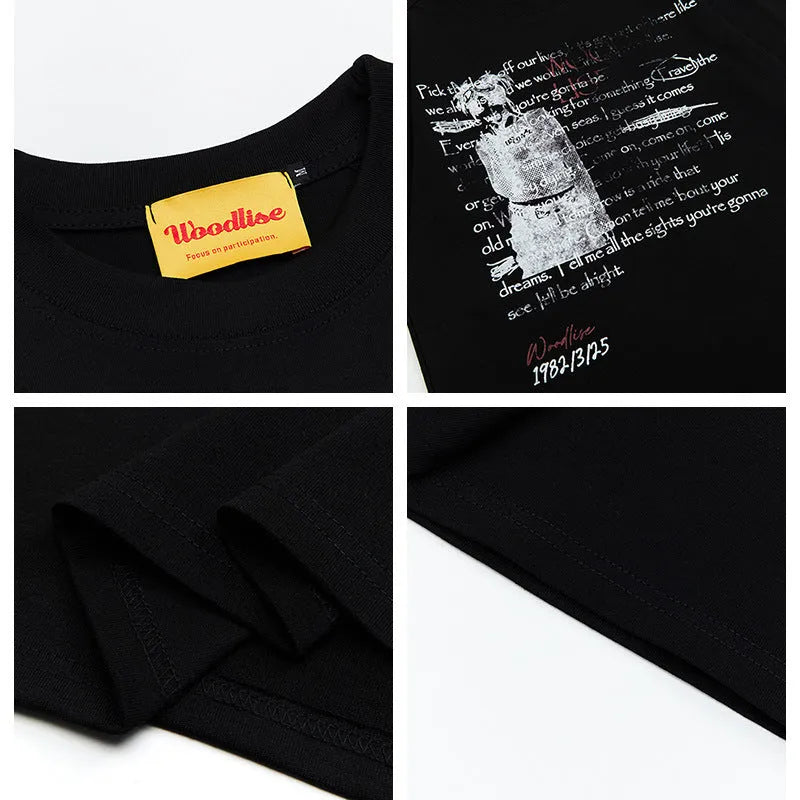 Men's black and white pure cotton t-shirt with loose fit and hip hop retro style