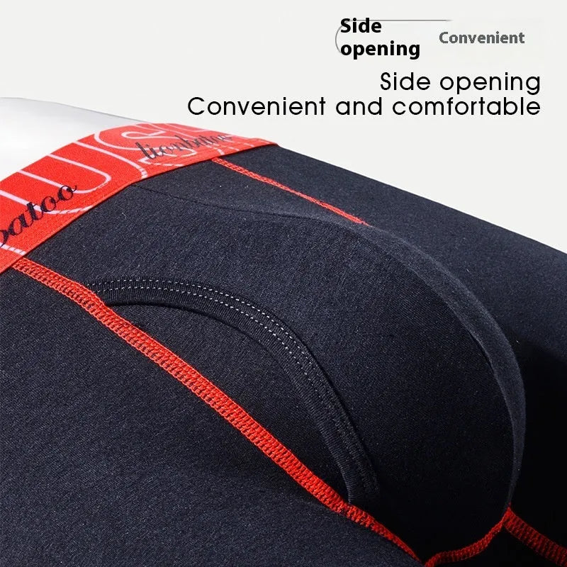 Men's cotton extended leg anti-friction boxers in black, front view