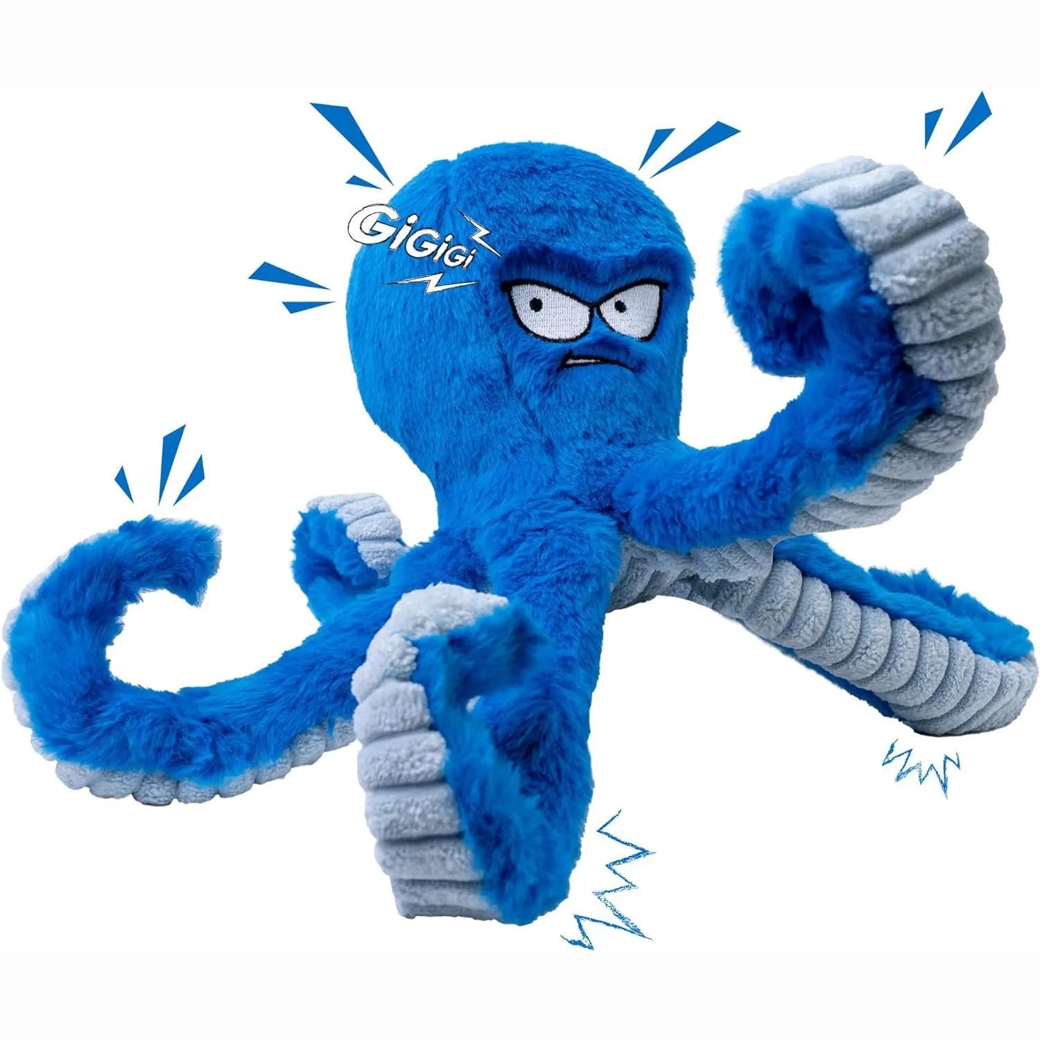 Blue stuffed octopus dog toy with squeaker and crinkly tentacles for interactive tug of war
