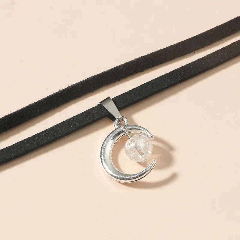 Korean style double-layer moon pendant necklace with acrylic beads and velvet alloy chain