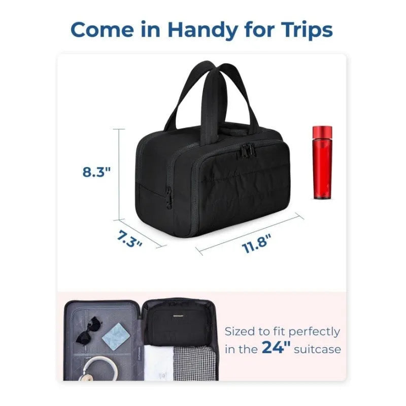 Large lightweight travel wash bag in pink with a wide-open zipper showing a fluffy interior lining.