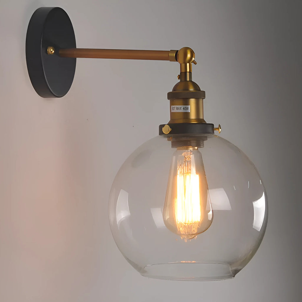 20cm retro spherical glass wall lamp with aluminium holder in transparent, amber, or smoky grey