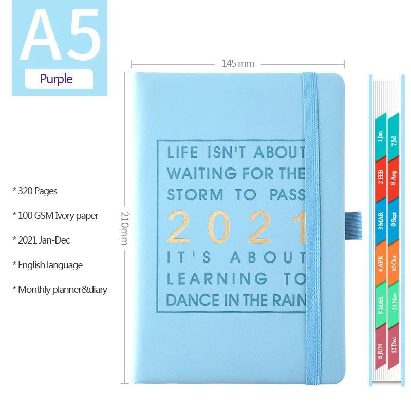 Self-discipline clocking notebook with imitation leather cover in five colour options showing flat-lying wireless binding