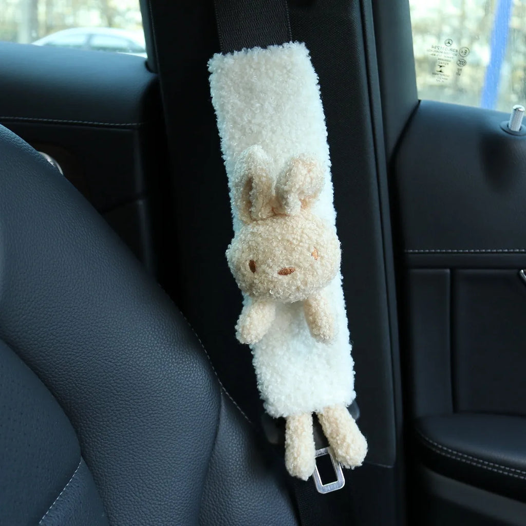Cartoon plush car seat belt shoulder protector in lamb wool with rabbit and bear designs