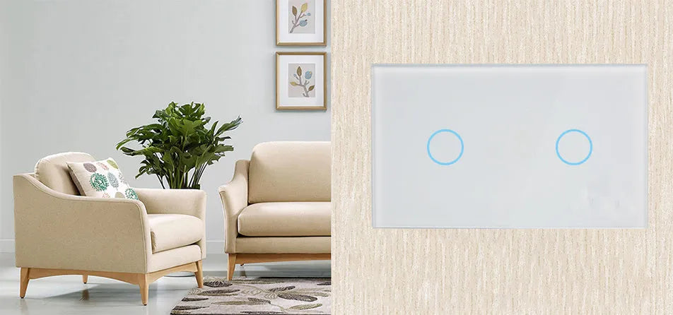Two-gang remote control light switch with tempered glass touch panel in white, black, or gold colours