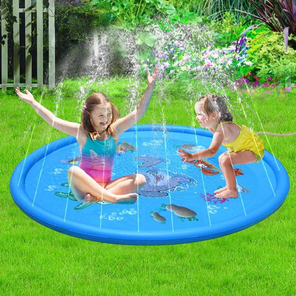 Blue PVC water spray play pad mat for children with marine animal design in garden setting.