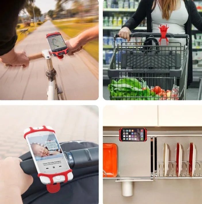 Silicone bicycle mobile phone bracket in black, mounted on handlebar, holding a smartphone vertically
