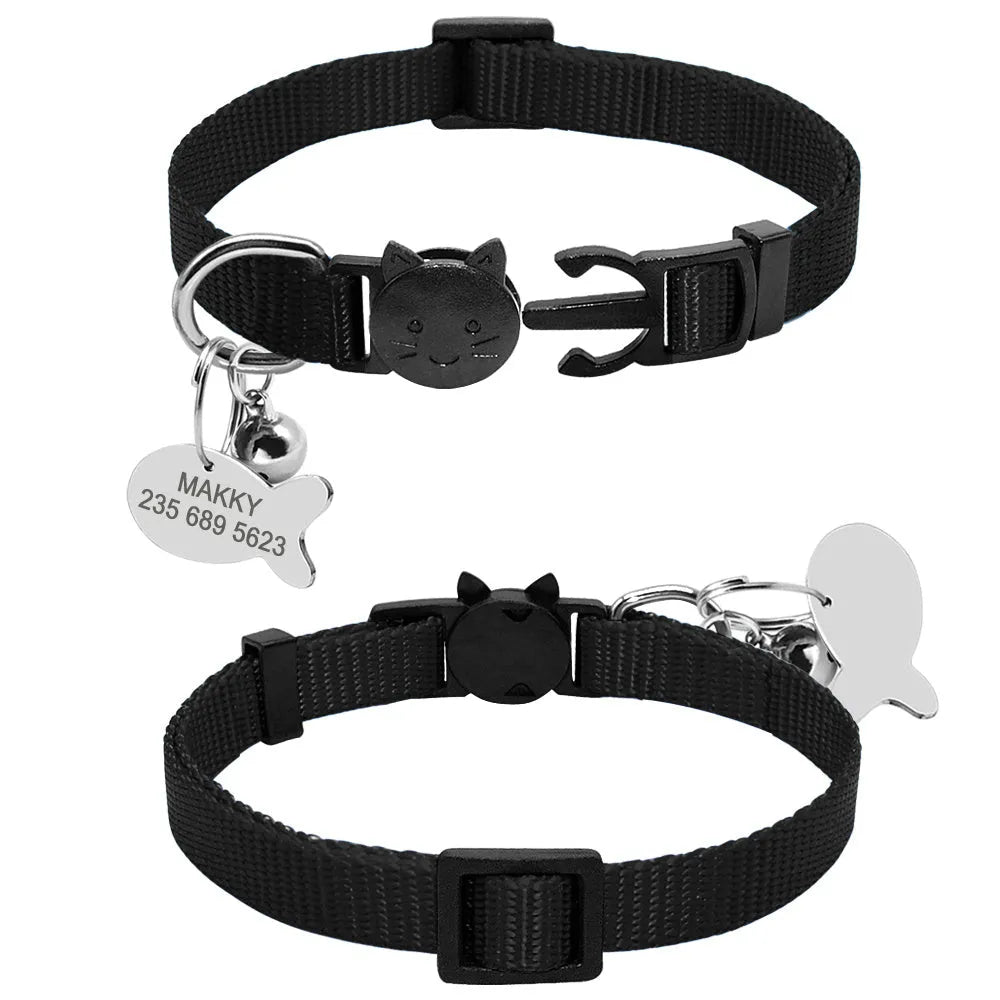 Personalised safety breakaway nylon cat collar with ID tag and bell in black blue and pink