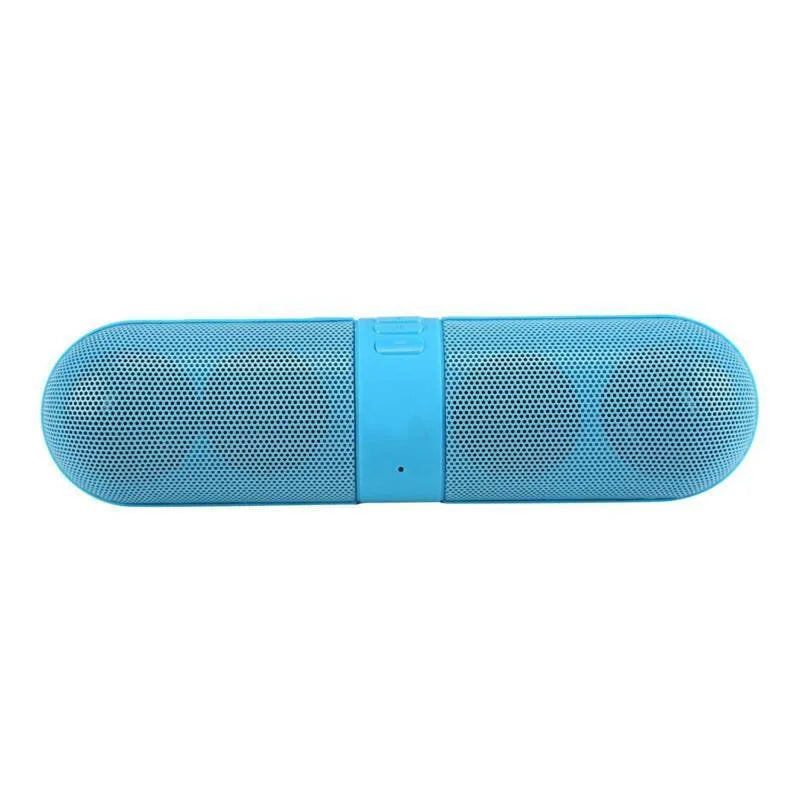 Portable blue pill-shaped Bluetooth speaker with dustproof plastic shell and button controls