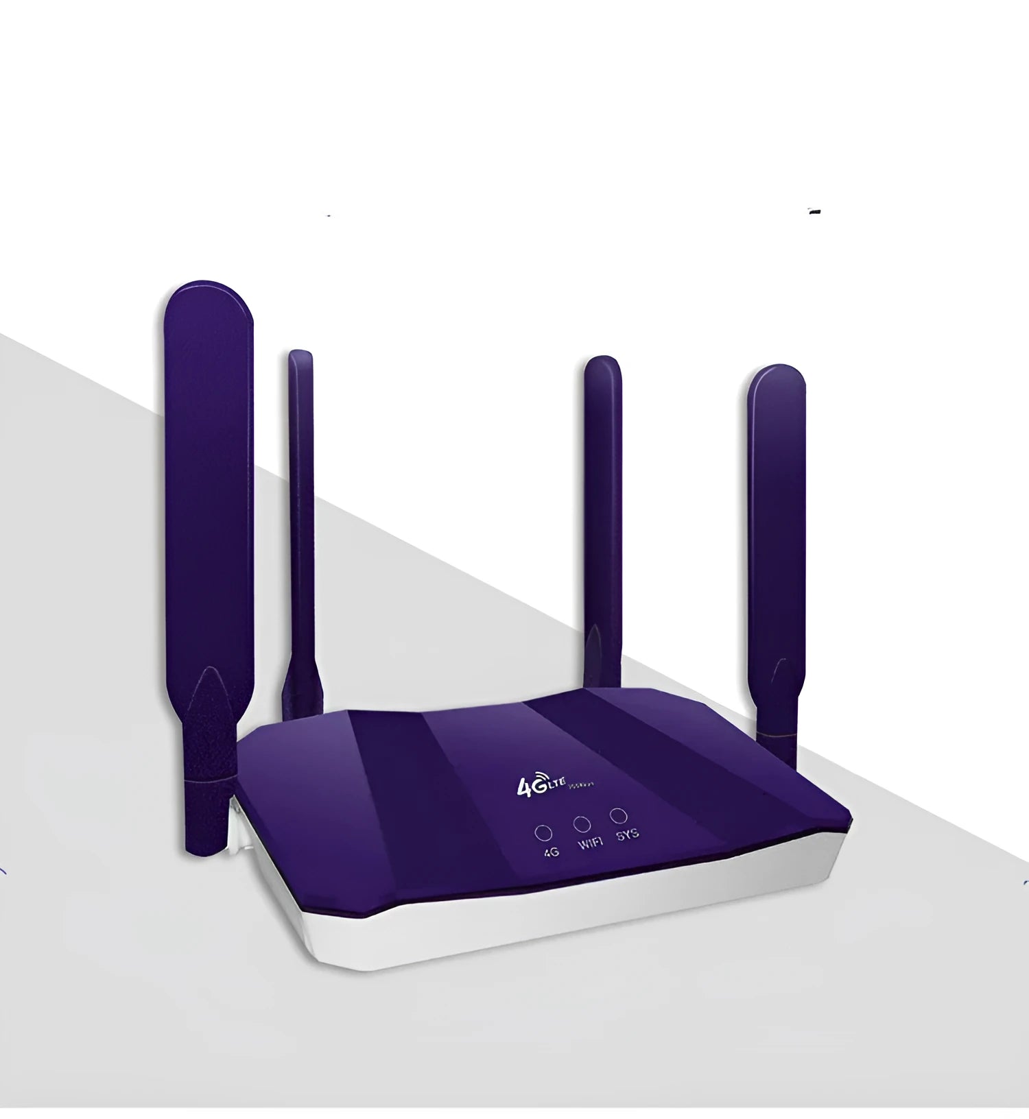 Blue 4G dual-mode wireless router with four external antennas on a white background.