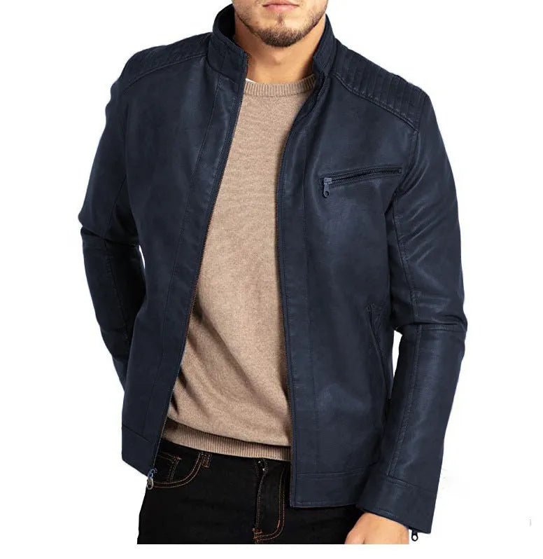 Men's brown punk-style artificial leather motorcycle jacket with a stand collar and patch pocket.