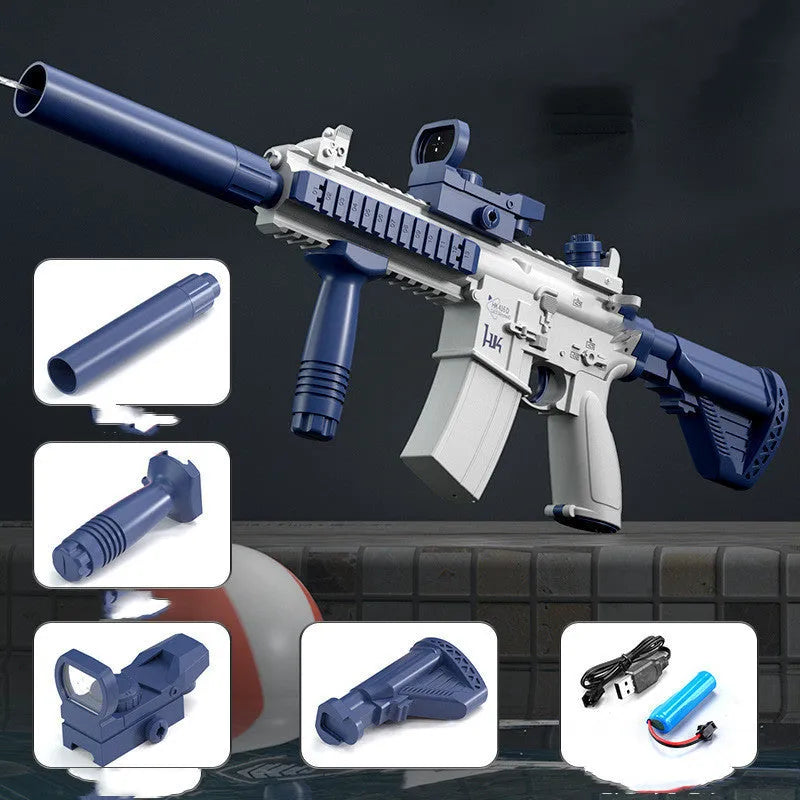 Blue electric water gun with USB charging port and automatic water absorption system