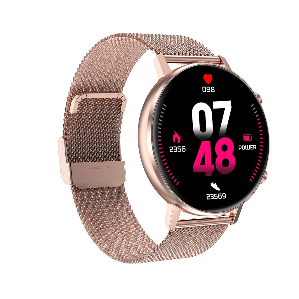 DT96 smart fitness tracker bracelet with stainless steel strap on wrist, showing 1.3-inch colour screen displaying time and heart rate