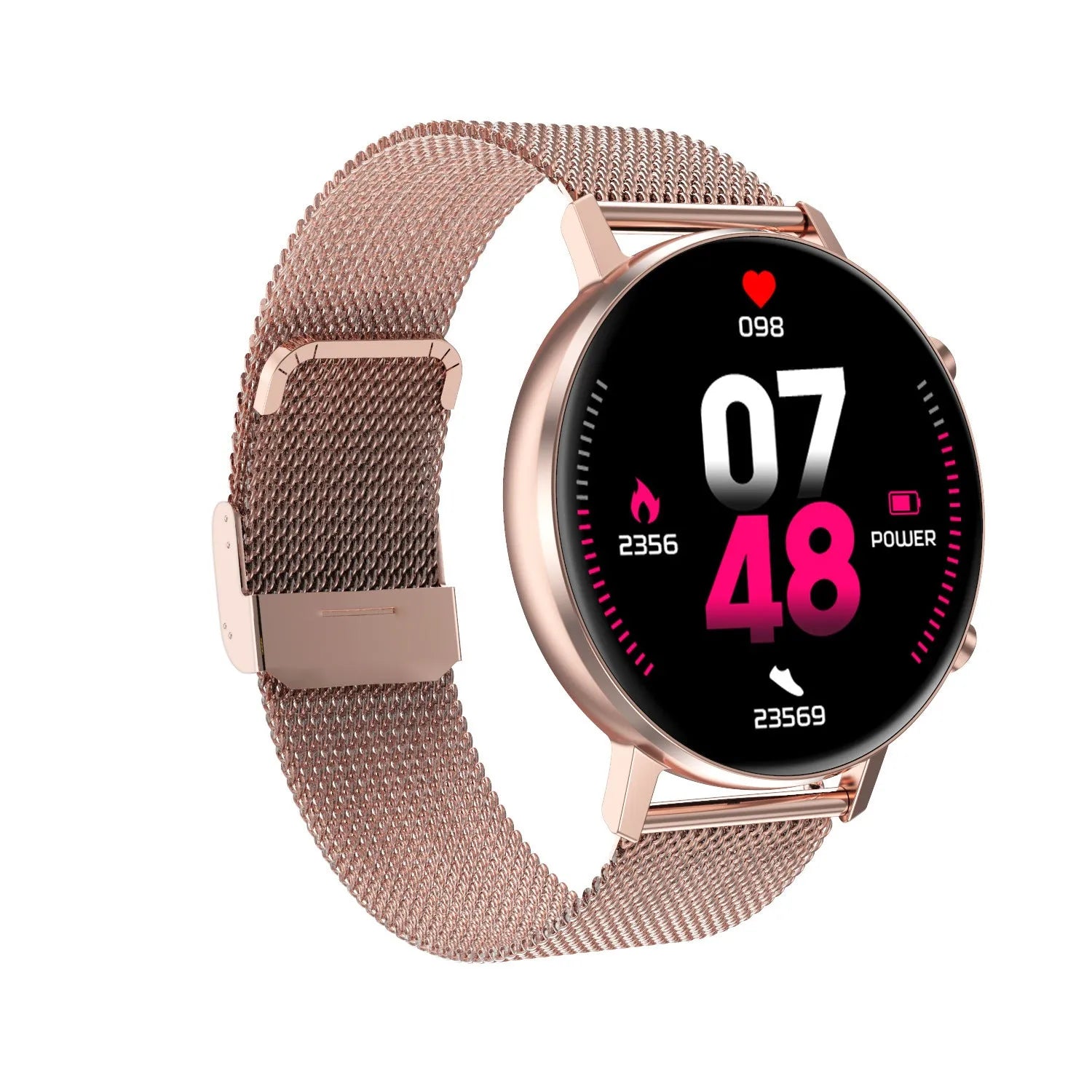 DT96 smart fitness tracker bracelet with stainless steel strap on wrist, showing 1.3-inch colour screen displaying time and heart rate