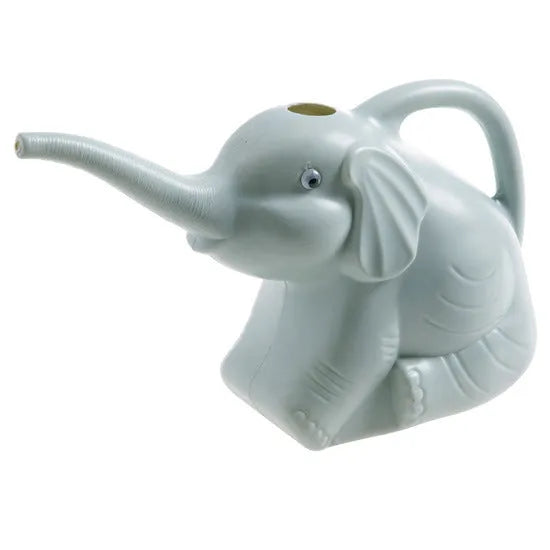 Pink children's watering can shaped like a sitting baby elephant with a long spout.
