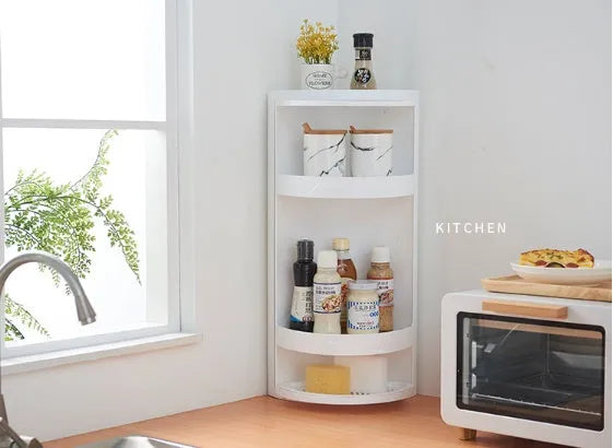Plastic punch-free 3-tier corner shelf in Nordic white or elegant grey for bathroom or kitchen wall.