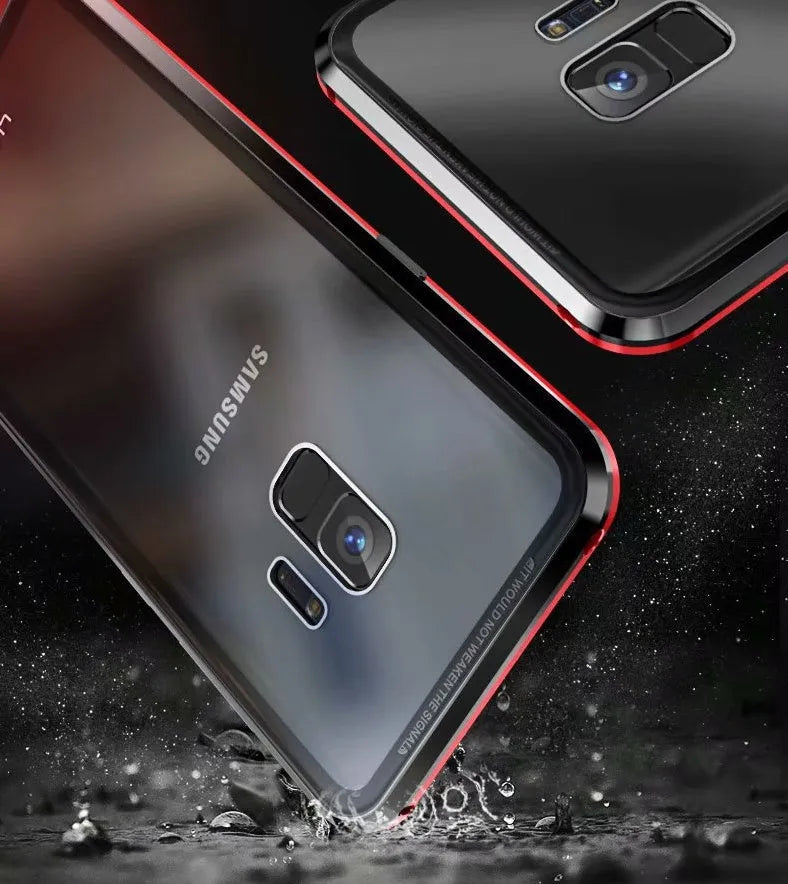 Black magnetic clamshell phone case with anti-peeping screen for Samsung Galaxy phones, shown open.