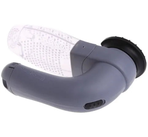 Grey handheld electric pet hair remover vacuum brush with soft rubber head.