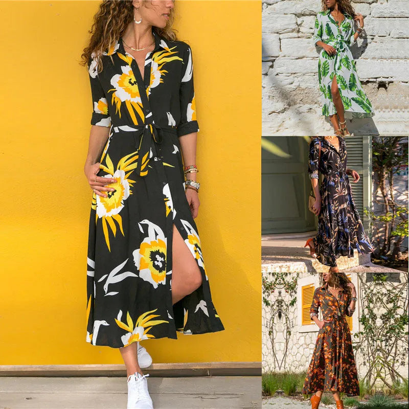 Women's V-neck chiffon dress with high waist and A-line skirt in printed design