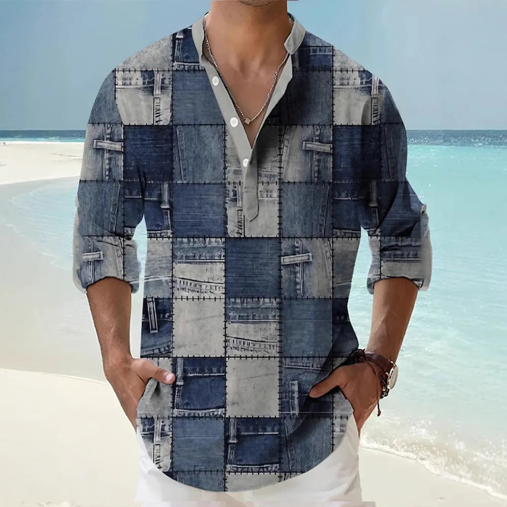 Man's thin striped digital print Hawaiian-style long sleeve cardigan shirt on a hanger.
