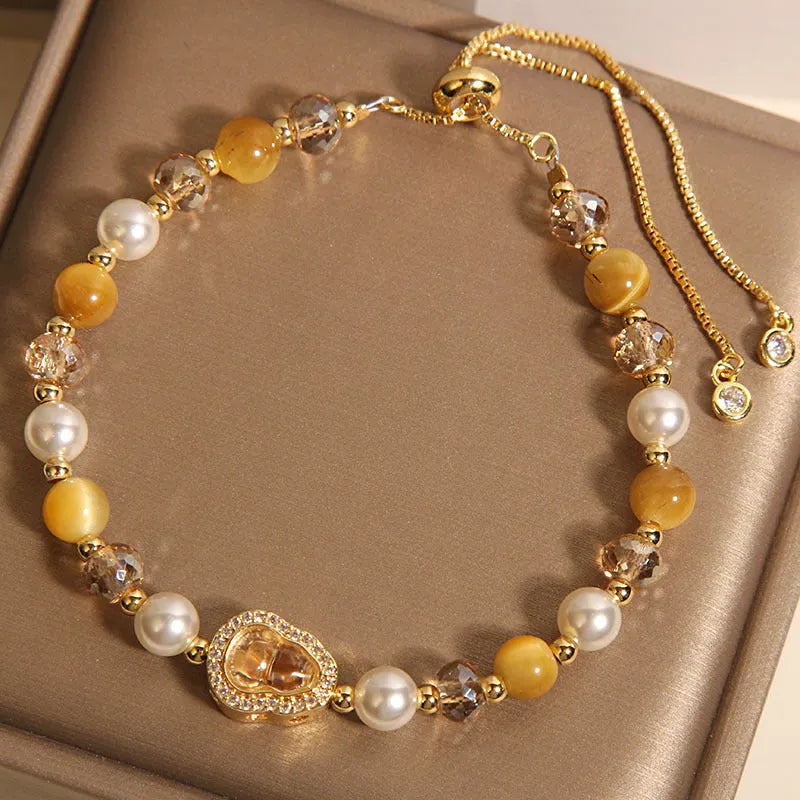 Yellow tiger's eye gourd pendant bracelet for women with glass and alloy inlay, Japanese Korean style, 1 PC.
