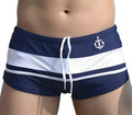 Men's anchor string swim shorts in solid colour with polyester and spandex fabric, adjustable drawstring waist, available in multiple sizes
