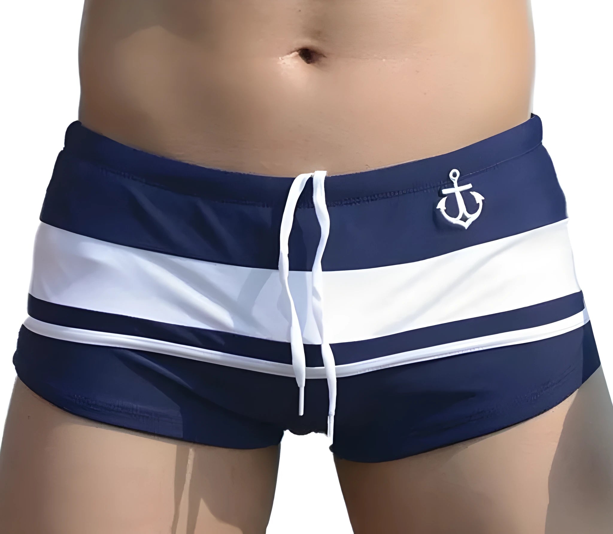 Men's anchor string swim shorts in solid colour with polyester and spandex fabric, adjustable drawstring waist, available in multiple sizes