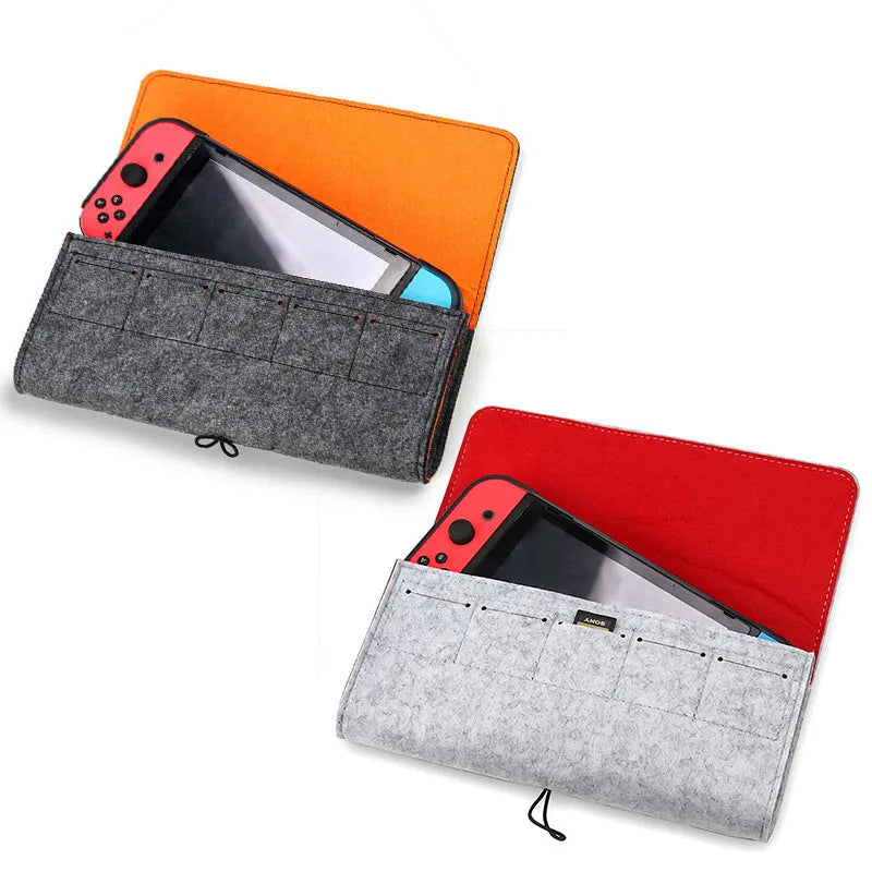 Black felt pouch for Nintendo Switch console with game card slots and accessory compartments
